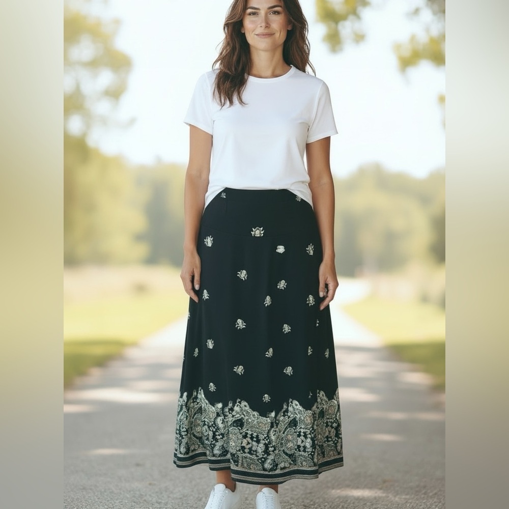 Laura Scott Floral Paisley Midi Skirt EUC Sz XL boho prairie ren Faire Fairy